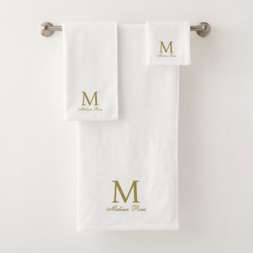 Monogram Initial Name Elegant Gold White Bath Towel Set