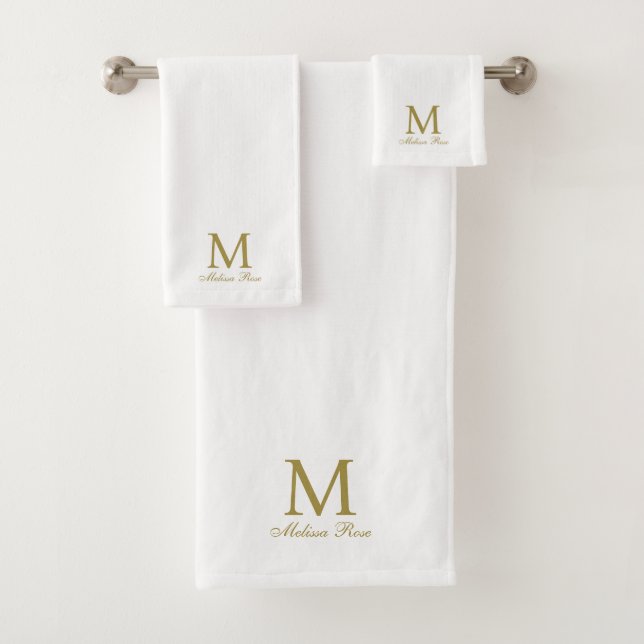 Monogram Initial Name Elegant Gold White Bath Towel Set (Insitu)