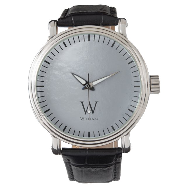 Monogram Initial & Name Faux Silver Metallic Gray  Watch (Front)