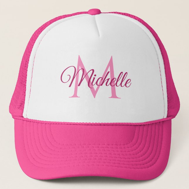 Monogram Initial Name For Her White And Hot Pink Trucker Hat (Front)