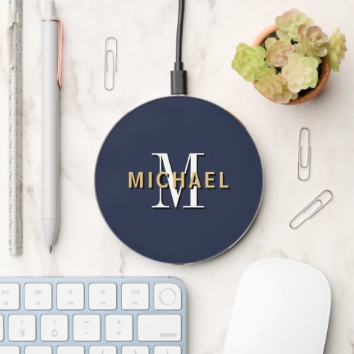 Monogram Initial Name Gold Navy Blue Wireless Charger