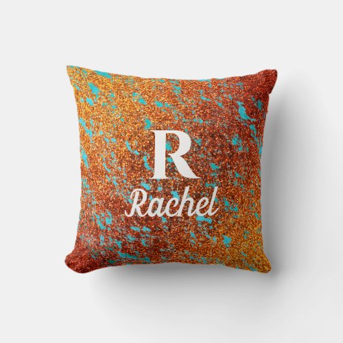 Monogram Initial Name Golden Teal Glittery Ombre Throw Pillow