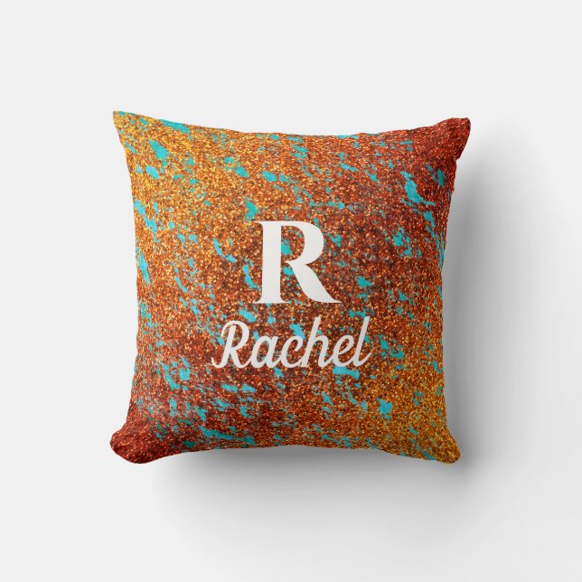 Monogram Initial Name Golden Teal Glittery Ombre Throw Pillow (Front)