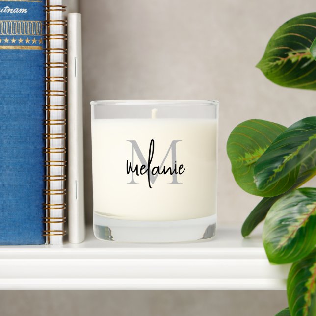 Monogram Initial Name Gray Black Script Scented Candle (Shelf)