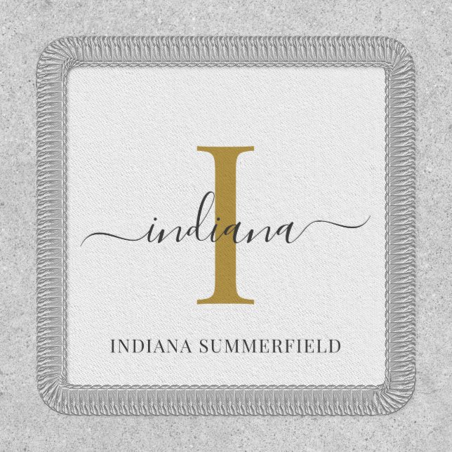 Monogram Initial Name Gray Gold Script Personalize Patch (Front)