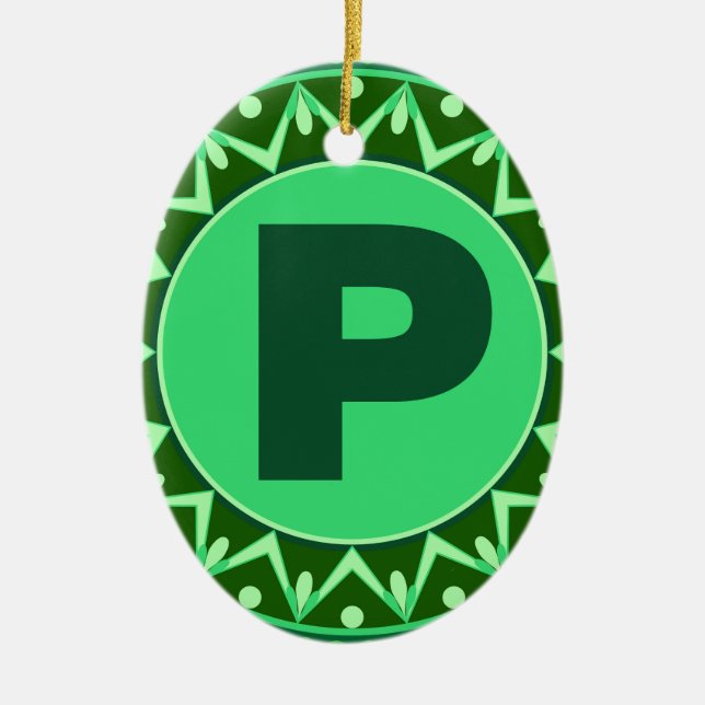 Monogram Initial name green letter alphabet p Ceramic Ornament (Front)