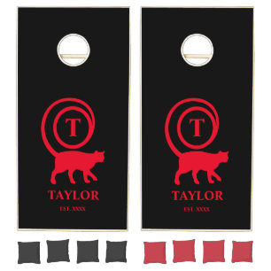 Monogram Initial Name Kitty Cat Lover Black Red Cornhole Set