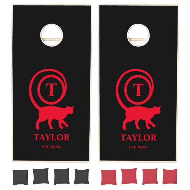 Monogram Initial Name Kitty Cat Lover Black Red Cornhole Set (Set)