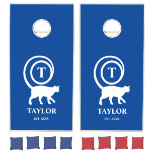 Monogram Initial Name Kitty Cat Lover Blue White Cornhole Set