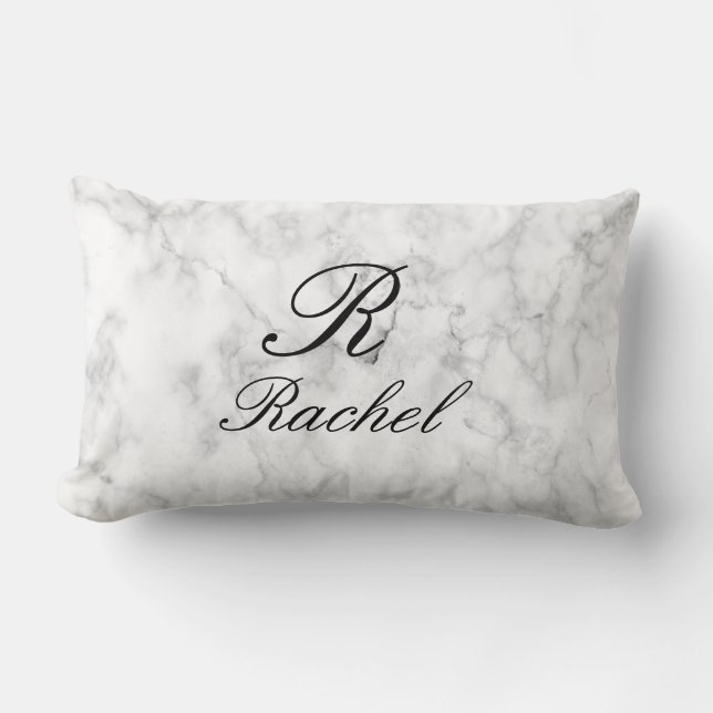 Monogram Initial Name Marble Patterns Black White Lumbar Pillow (Front)