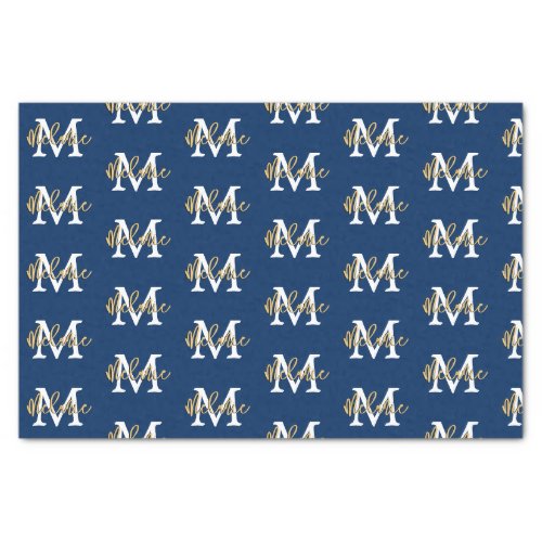 Monogram Initial Name Navy White Gold Pattern Tissue Paper