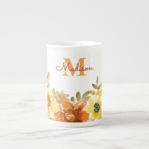 Monogram Initial Name Orange Watercolor Floral Bone China Mug