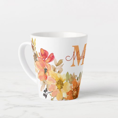 Monogram Initial Name Orange Watercolor Floral Latte Mug