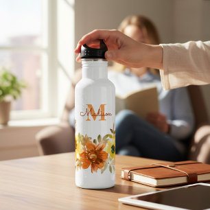 Monogram Initial Name Orange Watercolor Floral Stainless Steel Water Bottle
