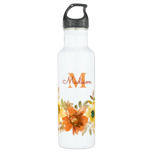 Monogram Initial Name Orange Watercolor Floral Stainless Steel Water Bottle