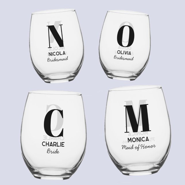 Monogram Initial Name Personalized Wedding Party Stemless Wine Glass (Modern personalized monogram initial name bridal bachelorette wedding party individual glasses)
