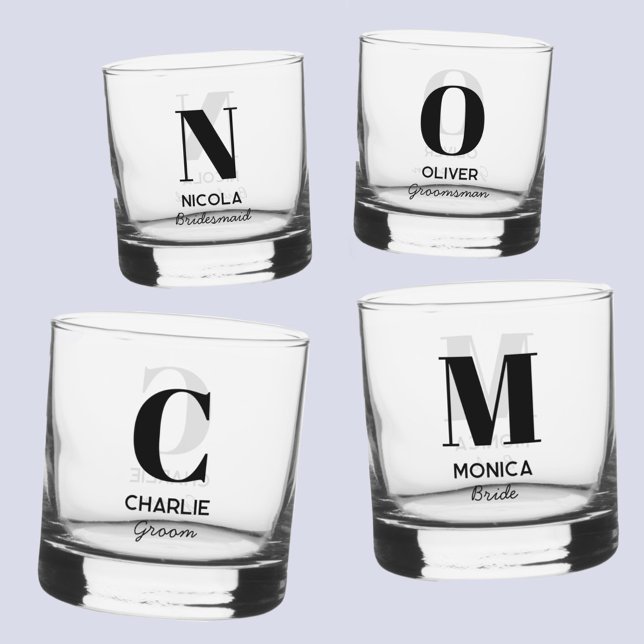 Monogram Initial Name Personalized Wedding Party Whiskey Glass (Modern personalized monogram initial name bridal bachelorette wedding party individual glasses)