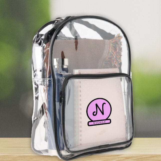 Monogram initial name pink black personalized  clear backpack  (Creator Uploaded)