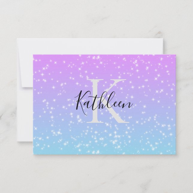 Monogram Initial Name Pink Blue Sparkle Girly  Thank You Card (Front)