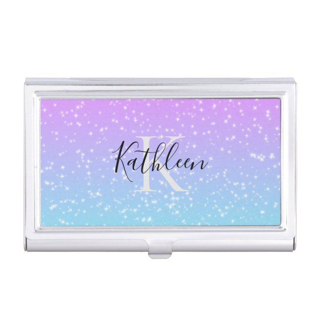 Monogram Initial Name Pink Blue Sparkle Ombre  Business Card Case (Front)