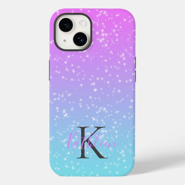 Monogram Initial Name Pink Blue Sparkle Ombre  Case-Mate iPhone Case (Back)
