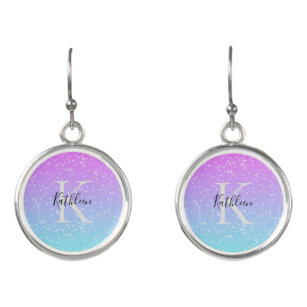 Monogram Initial Name Pink Blue Sparkle Ombre  Earrings