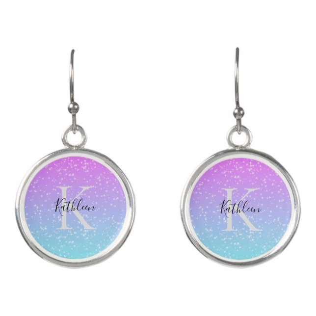 Monogram Initial Name Pink Blue Sparkle Ombre  Earrings (Front)