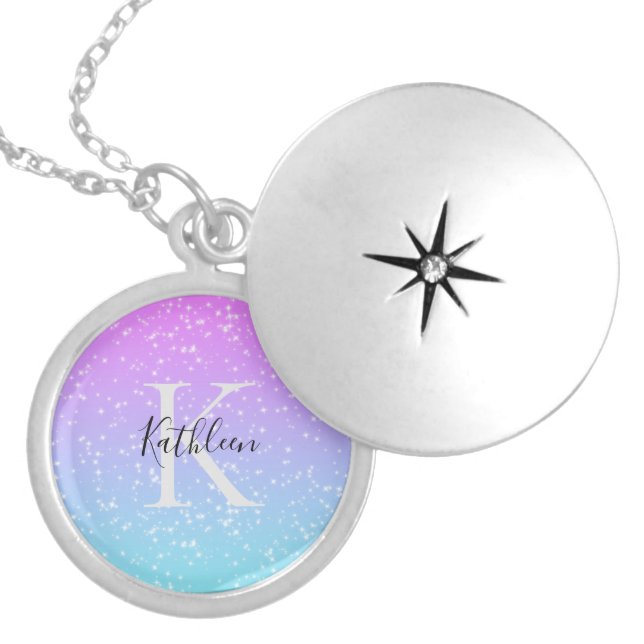 Monogram Initial Name Pink Blue Sparkle Ombre Locket Necklace (Front)
