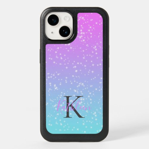 Monogram Initial Name Pink Blue Sparkle Ombre OtterBox iPhone 14 Case