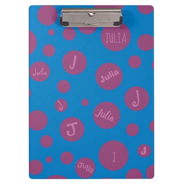 Monogram Initial Name Purple Dot Blue Girly Pretty Clipboard (Front)