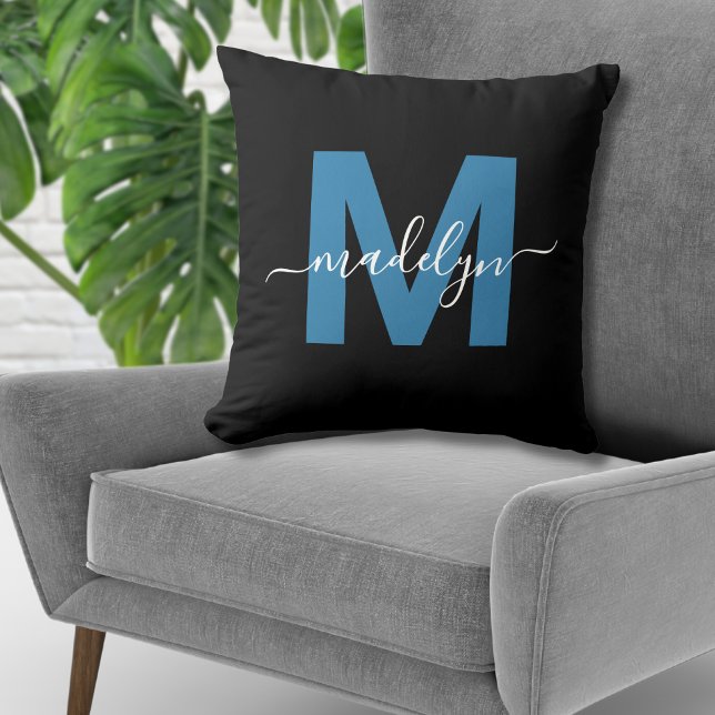 Monogram Initial Name Script Blue Throw Pillow (Monogram Initial Name Script Blue Throw Pillow)