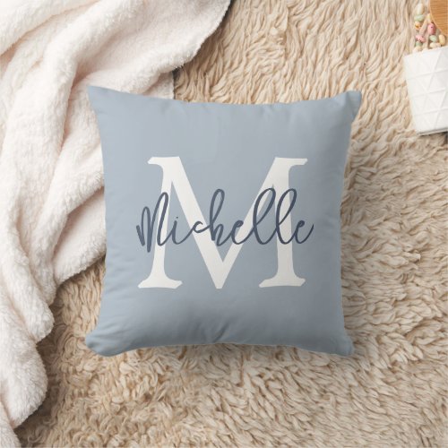 Monogram Initial Name Script Dusty Blue Throw Pillow