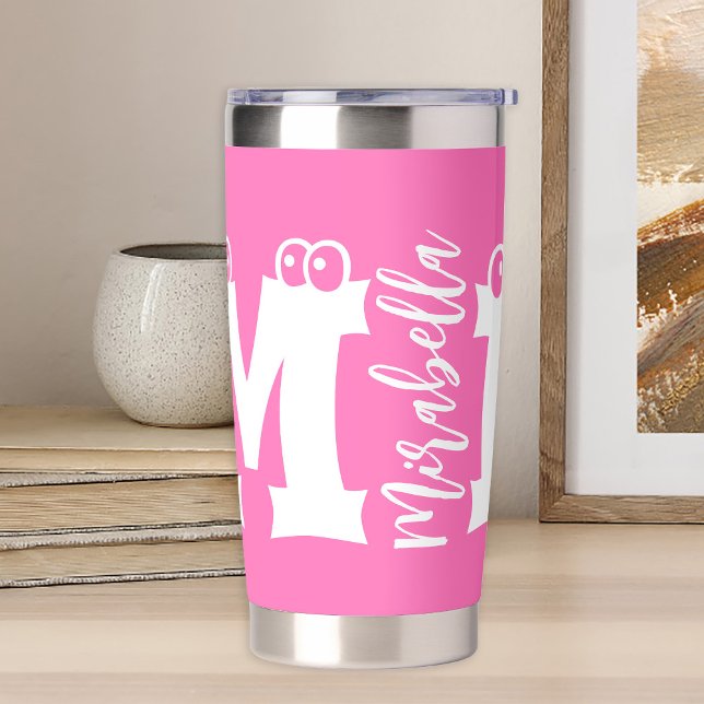 Monogram initial name script modern pink insulated tumbler (Creator Uploaded)