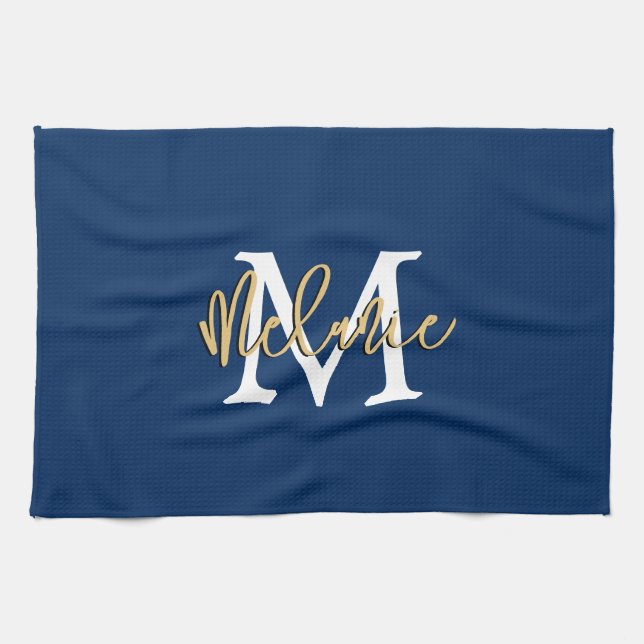 Monogram Initial Name Script Navy White Gold Kitchen Towel (Horizontal)