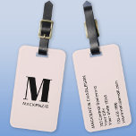 Monogram Initial Name Simple Blush Pink Luggage Tag<br><div class="desc">Modern typography minimalist monogram initial name design in black on blush pink which can be changed to personalize.</div>
