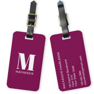 Monogram Initial Name Simple Burgundy Pink Luggage Tag