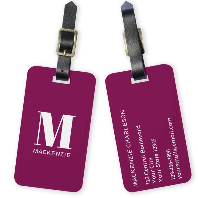 Monogram Initial Name Simple Burgundy Pink Luggage Tag (Simple monogram initial name personalized minimalist deep jewel burgundy pink luggage tag)