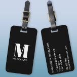 Monogram Initial Name Simple Luggage Tag<br><div class="desc">Modern typography minimalist monogram initial name design in white on black which can be changed to personalize.</div>
