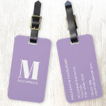 Monogram Initial Name Simple Pastel Lilac Luggage Tag<br><div class="desc">Modern typography minimalist monogram initial name design in white on pastel lilac purple which can be changed to personalize.</div>