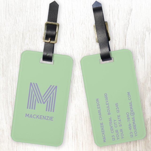Monogram Initial Name Simple Pistachio Lilac Luggage Tag (Modern striped monogram initial custom name personalized luggage tag)