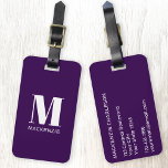 Monogram Initial Name Simple Plum Purple Luggage Tag<br><div class="desc">Modern typography minimalist monogram initial name design in white on dark plum purple which can be changed to personalize.</div>