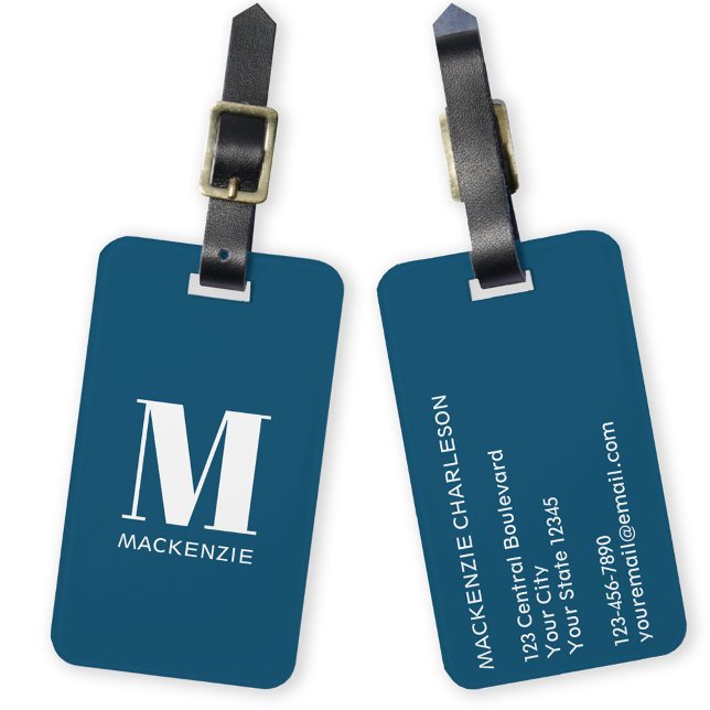 Monogram Initial Name Simple Teal Green Luggage Tag (Simple monogram initial custom name address luggage tag in teal green)