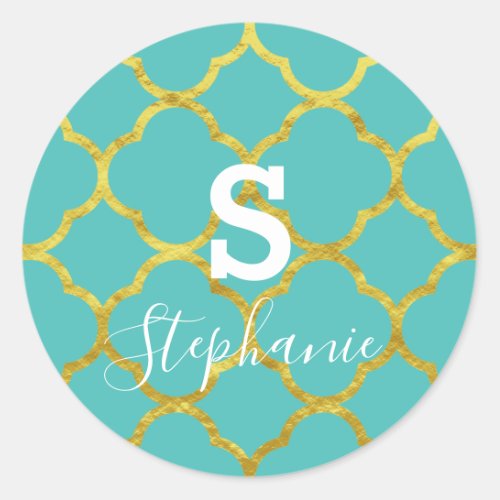 Monogram Initial Name Teal Blue Gold Foil 2020 Classic Round Sticker