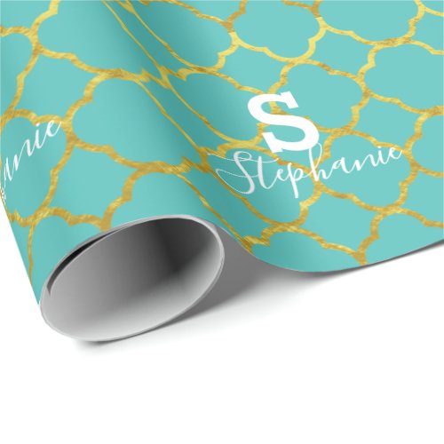 Monogram Initial Name Teal Blue Gold Foil 2020 Wrapping Paper