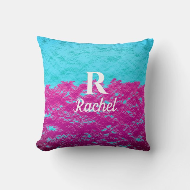 Monogram Initial Name Teal Blue Pink Art Cute Chic Throw Pillow (Front)