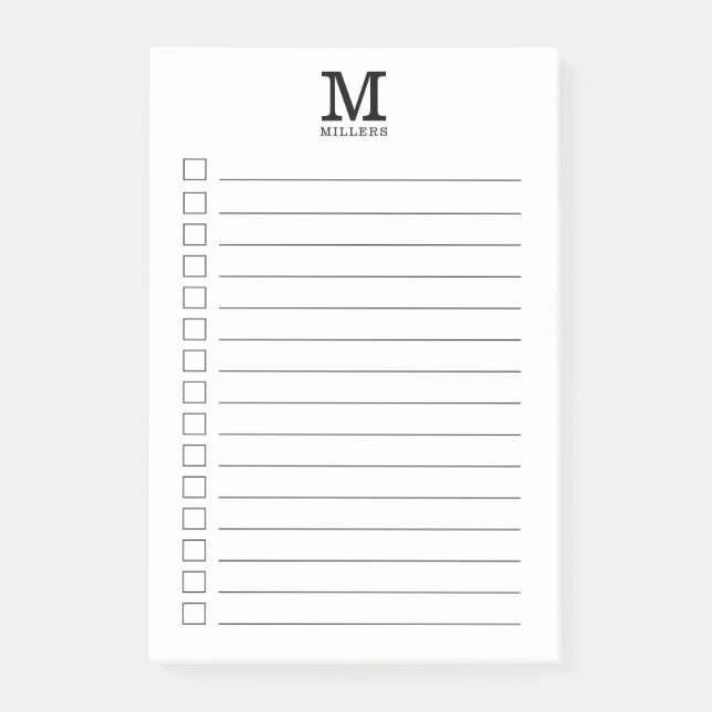 Monogram Initial Name To Do List Checklist Black Post-it Notes (Front)