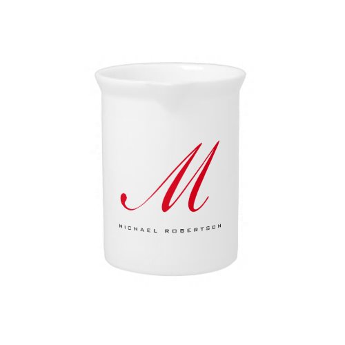 Monogram Initial Name White Red Unique Minimalist Beverage Pitcher