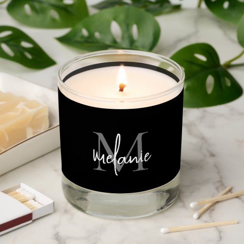 Monogram Initial Name White Script Gray Black Scented Candle