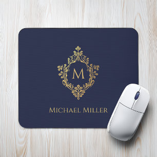 Monogram Initial Navy Blue Faux Gold Crest Elegant Mouse Pad