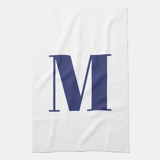 Monogram initial navy blue white modern elegant kitchen towel (Vertical)